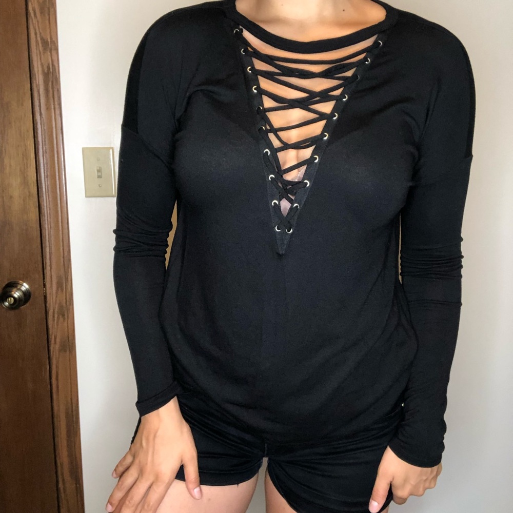 Long sleeve black deep V with criss cross lacing